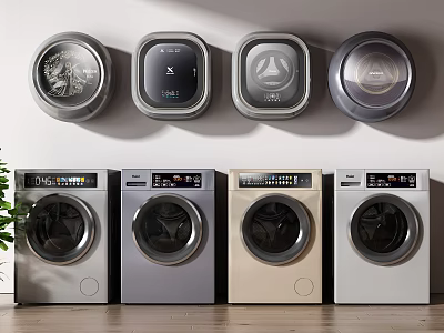 Four Modern Washing Machines in Various Colors with Circular Control Panels Above 3d model