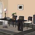 Modern Black Dining Table Set with Woven Backrest Chairs Floor Lamp and Wall Art