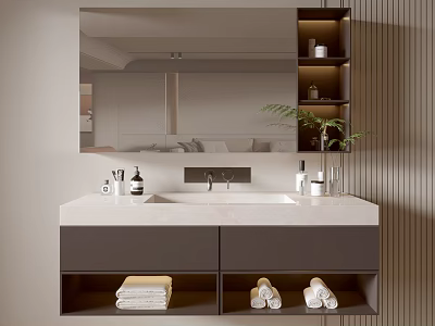 Modern Bathroom Vanity With Large Mirror Double Sink Marble Countertop And Storage Cabinets 3d model