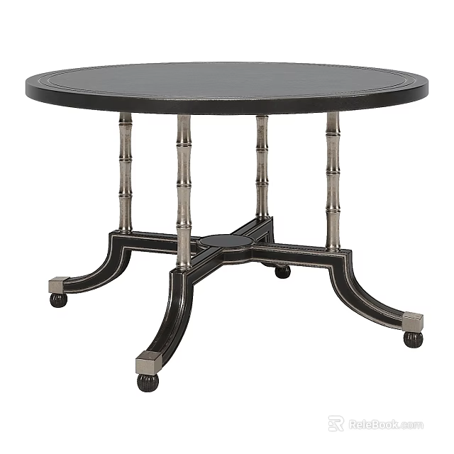 Round Black Dining Table With Bamboo Style Legs Metal Accents and Wheels For Mobility 3d model 