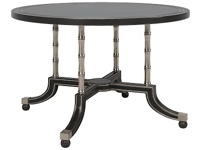 Round Black Dining Table With Bamboo Style Legs Metal Accents and Wheels For Mobility 3d model