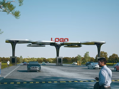 Modern Entrance Gate Design With Canopy Pillars LOGO Sign Cars Pedestrians And Trees 3d model