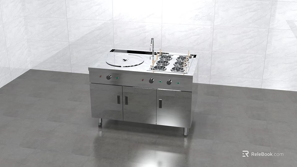 Stainless Steel Commercial Kitchen Utensils With Multiple Burners Stove Lower Cabinets And Sleek Design 3d model 