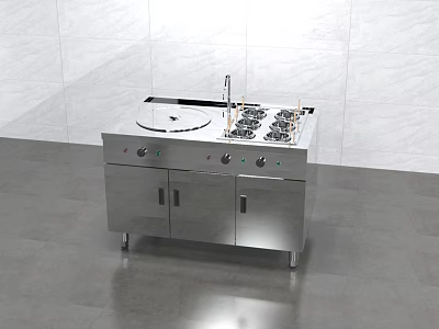 Stainless Steel Commercial Kitchen Utensils With Multiple Burners Stove Lower Cabinets And Sleek Design 3d model