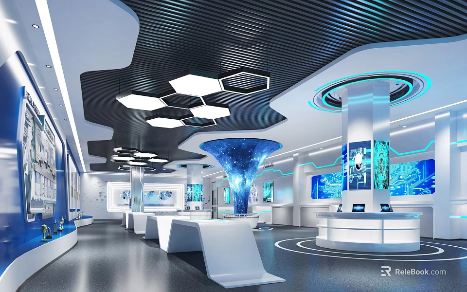 Modern High Tech Exhibition Hall Interior With Stylish Lighting Display Counters And Digital Screens 3d model 
