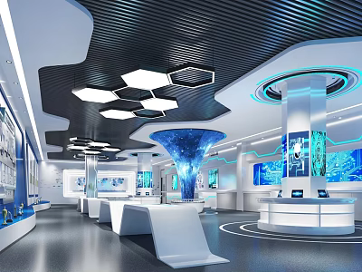 Modern High Tech Exhibition Hall Interior With Stylish Lighting Display Counters And Digital Screens 3d model