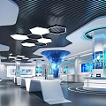 Modern High Tech Exhibition Hall Interior With Stylish Lighting Display Counters And Digital Screens