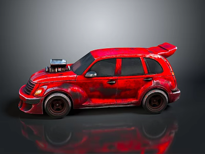 Red Custom Modified Car With Exposed Engine Rear Spoiler And Distressed Paint 3d model