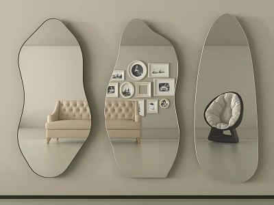 Irregular Shaped Mirrors On Wall With Sofa And Picture Frames Interior Design 3d model