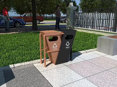 Outdoor Garden Landscape With Recycling Bins Grass Trees And Fence 3d model