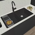 Black Double Bowl Kitchen Sink With Drying Rack On White Speckled Countertop 3d model