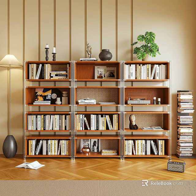 Multi Tiered Wood And Metal Bookshelf With Books Decorative Items And Potted Plant 3d model 
