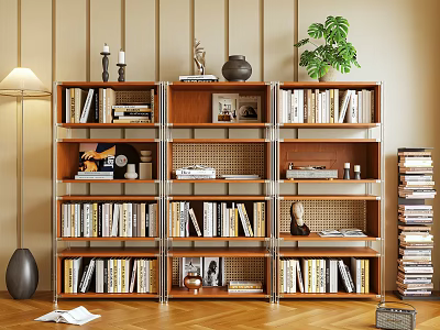 Multi Tiered Wood And Metal Bookshelf With Books Decorative Items And Potted Plant 3d model