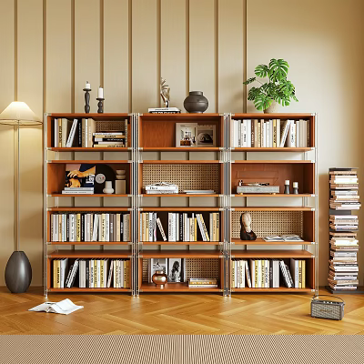 Multi Tiered Wood And Metal Bookshelf With Books Decorative Items And Potted Plant 3d model