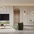 Modern Beige Living Room Interior With Perforated Wall Panel Bench And Green Cabinet