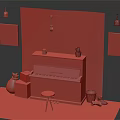 Blue Piano With Red Stool Yellow Box Green Plant And Wall Paintings On Red Background