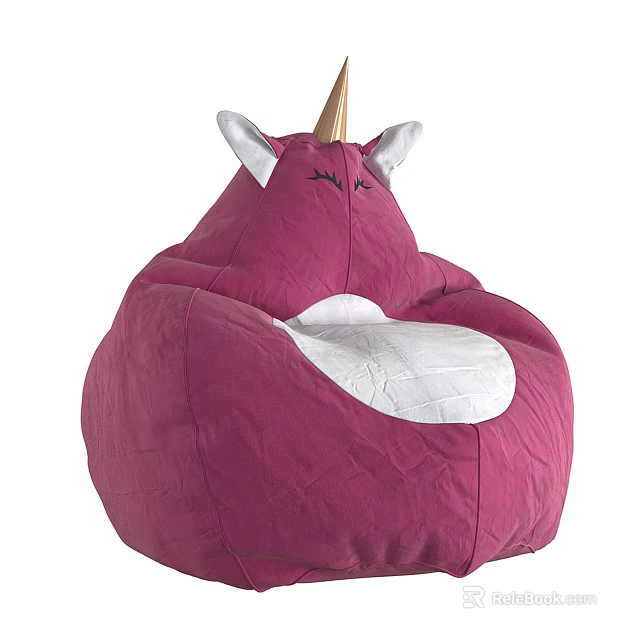 Pink Unicorn Shaped Bean Bag Chair With White Ears Horn And Soft Fabric Seat 3d model 