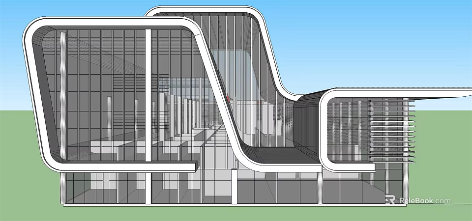 Modern Architectural Design With Curved Glass Facade And Open Building Structure 3d model 