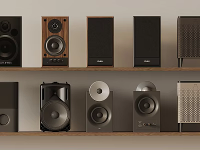 Various Design Speakers Collection Displayed On Wooden Shelf With Different Styles 3d model