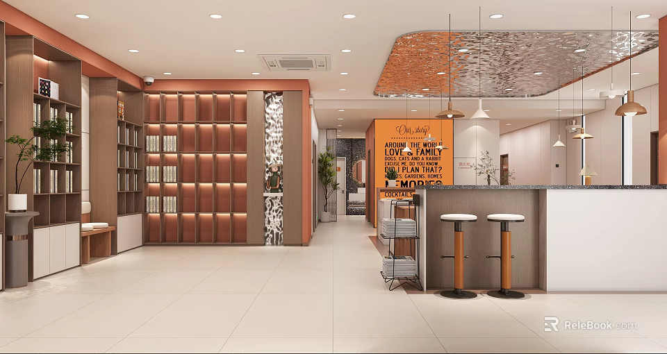 Modern Front Desk Reception Interior Design With Decorative Wall Counter And Stools 3d model 