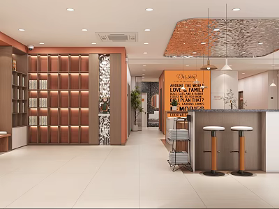 Modern Front Desk Reception Interior Design With Decorative Wall Counter And Stools 3d model