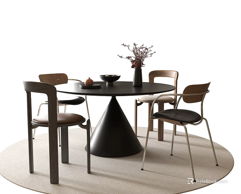 Black Round Dining Table Set With Four Wooden Metal Legged Chairs Vase Flowers Fruit Bowl 3d model 