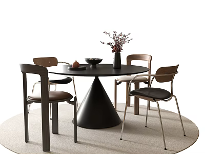 Black Round Dining Table Set With Four Wooden Metal Legged Chairs Vase Flowers Fruit Bowl 3d model