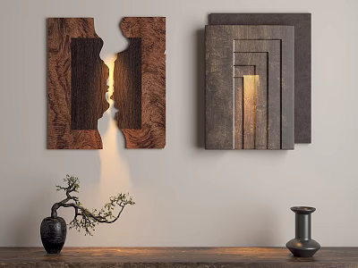 Wooden Wall Decorations With Illuminated Design On Neutral Wall 3d model