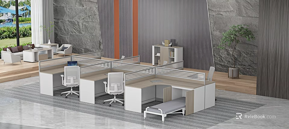 Modern Office Interior With Partition Workstations White Office Chairs And Storage Cabinets 3d model 