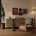 Modern Leisure Chair With Patterned Pillow Framed Art Floor Lamp And Wooden Side Table