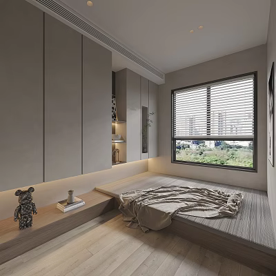 Tatami Bedroom Design With Light Gray Cabinetry Window Blinds And Wooden Flooring 3d model