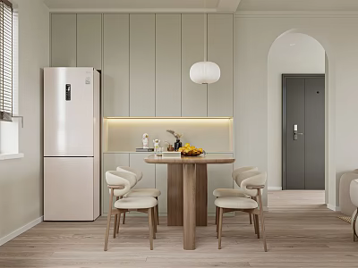 Modern Restaurant Interior Featuring Grey Cabinets Silver Refrigerator Wooden Dining Table And Light Colored Chairs 3d model