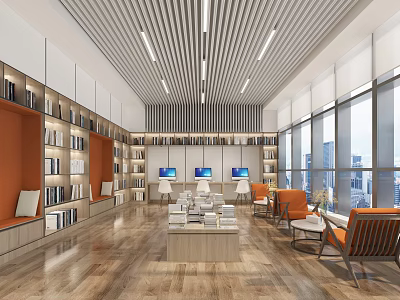 Book Art Inspired Library Interior with Wooden Floors Large Windows and Orange Chairs 3d model