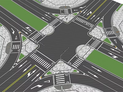 Municipal Road Intersection Design With Traffic Lanes Road Markings Green Belts And Pedestrian Crossings 3d model
