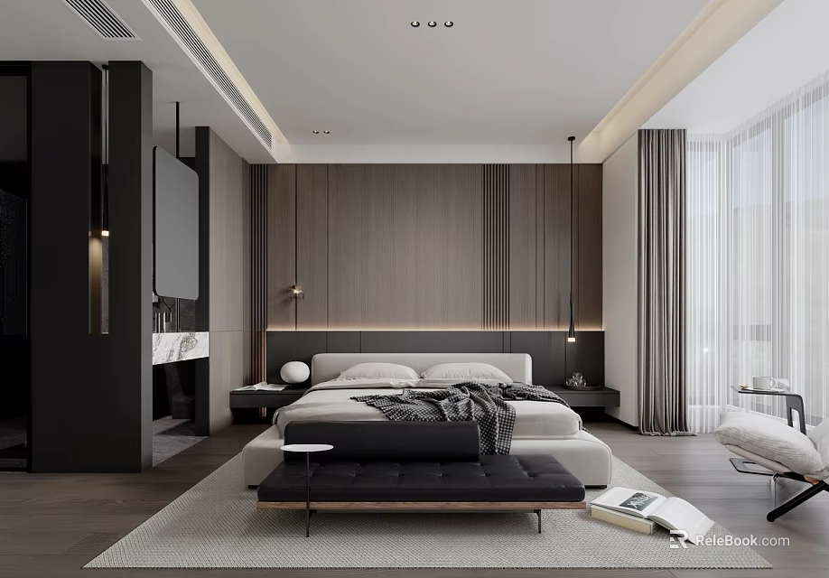 Modern Bedroom Interior Design With Wooden Walls Large Bed And Floor to Ceiling Windows 3d model 