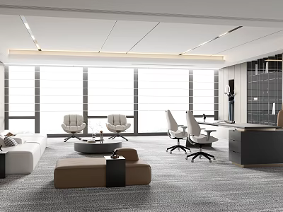 Modern Office Interior Design With Large Windows Comfortable Sofa Gray Carpet And Workstations 3d model