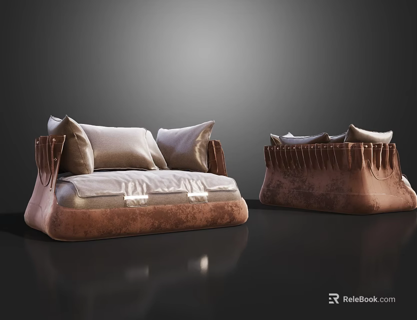 Brown Velvet Single Sofa Featuring Beige Pillows And Fringe Design Details 3d model 