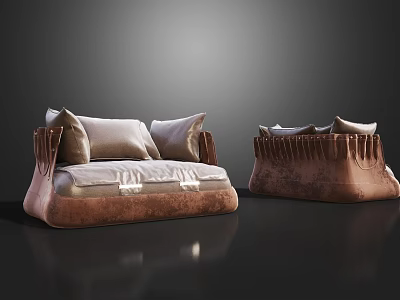 Brown Velvet Single Sofa Featuring Beige Pillows And Fringe Design Details 3d model