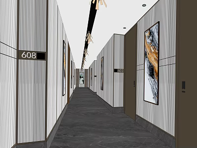 Modern Hotel Corridor Interior Design With Striped Walls Room Number Signs And Decorative Paintings 3d model