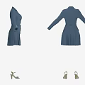 Elegant Blue Long Coat With Belt Cuffed Sleeves And Decorative Front Pair With Sandals