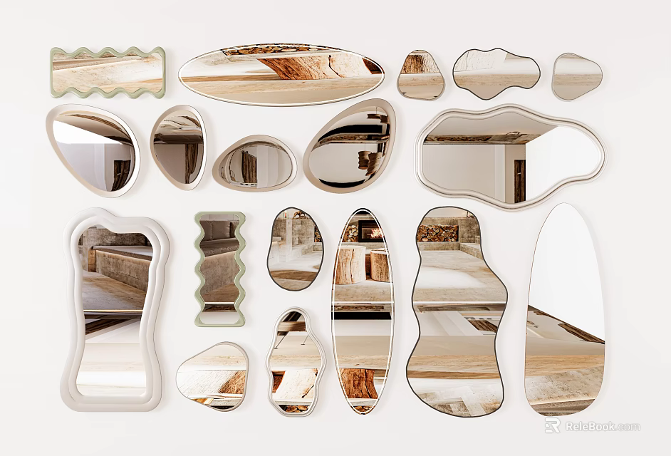 Various Shaped Decorative Mirrors Reflecting Interior Spaces And Home Decor 3d model 