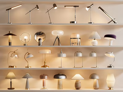 Various Stylish Table Lamps Displayed On Multiple Shelves In Lighting Collection 3d model