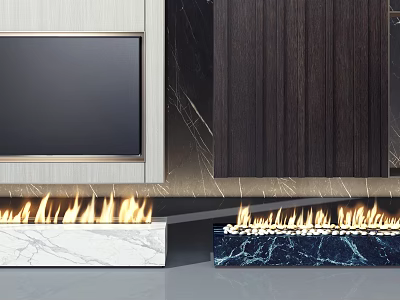 Modern Fireplace Interior Design With Flames Marble Base And Wooden Panel 3d model