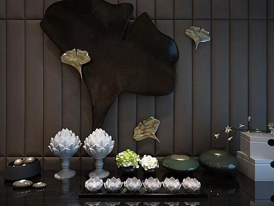 Modern Luxury Decorative Ornament Set With Lotus Sculptures And Ginkgo Leaf Accents 3d model