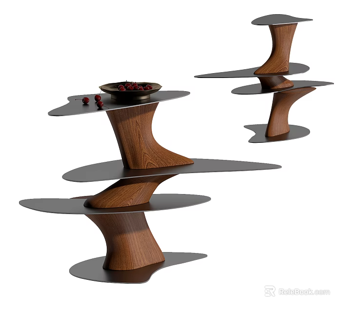 Modern Wooden Side Table With Unique Curved Structure And Multi Tiered Black Tabletop 3d model