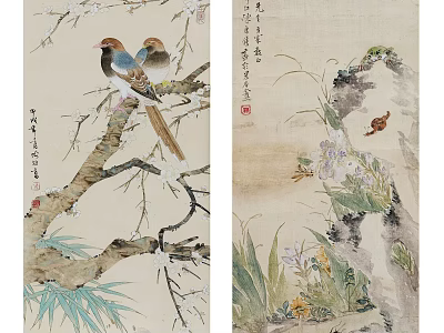Traditional Chinese Painting With Birds Perching on Branches and Flowers Near Rock 3d model