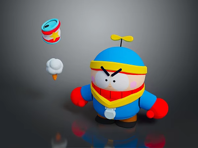 Cartoon Character With Blue Helmet Red Gloves Angry Expression Floating Can And Cotton Object 3d model