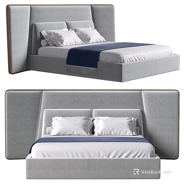 Modern Double Bed With Sleek Upholstered Headboard And Blue Bed Linen 3d model