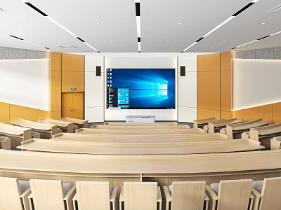 Modern Conference Room Interior With Large Screen Wooden Walls Row Seats And Ceiling Lights 3d model