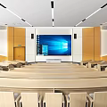 Modern Conference Room Interior With Large Screen Wooden Walls Row Seats And Ceiling Lights